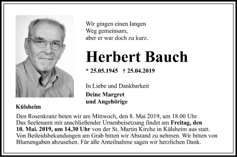  Traueranzeige für Herbert Bauch vom 04.05.2019 aus Fränkische Nachrichten