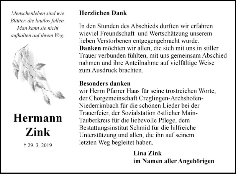  Traueranzeige für Hermann Zink vom 04.05.2019 aus Fränkische Nachrichten