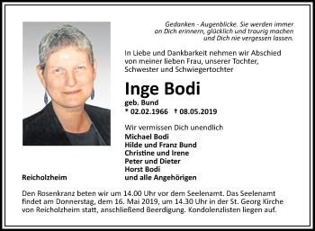 Traueranzeige von Inge Bodi von Fränkische Nachrichten