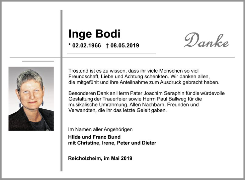  Traueranzeige für Inge Bodi vom 25.05.2019 aus Fränkische Nachrichten