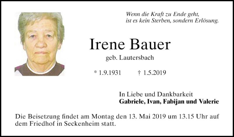  Traueranzeige für Irene Bauer vom 10.05.2019 aus Mannheimer Morgen