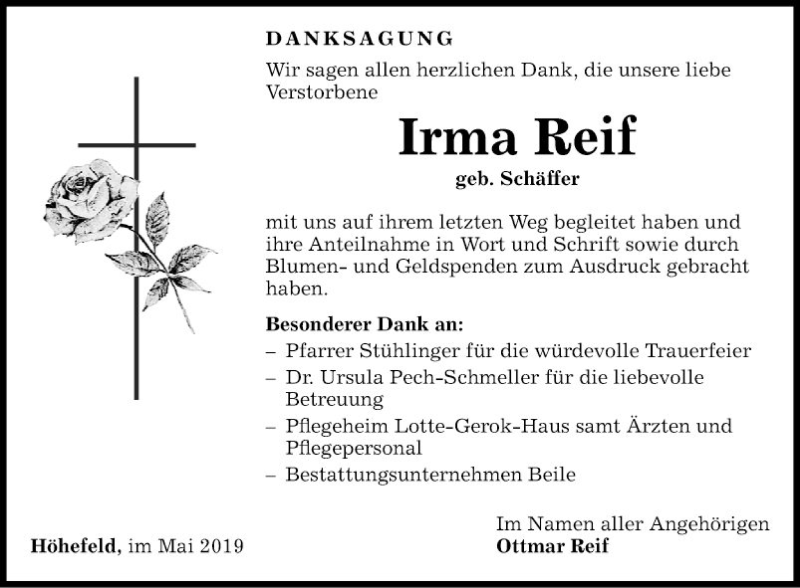  Traueranzeige für Irma Reif vom 25.05.2019 aus Fränkische Nachrichten