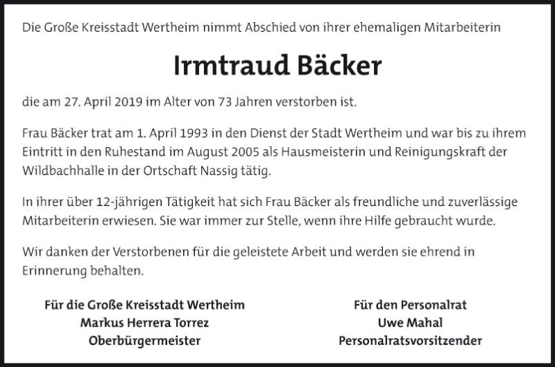  Traueranzeige für Irmtraud Bäcker vom 07.05.2019 aus Fränkische Nachrichten