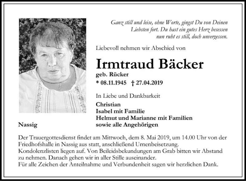  Traueranzeige für Irmtraud Bäcker vom 04.05.2019 aus Fränkische Nachrichten