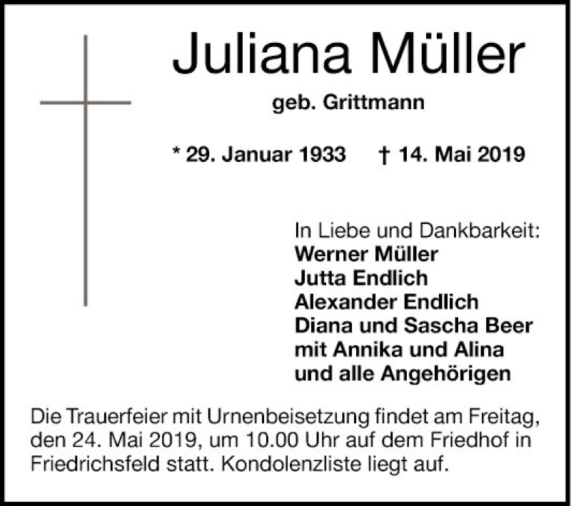  Traueranzeige für Juliana Müller vom 18.05.2019 aus Mannheimer Morgen