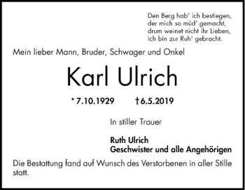 Traueranzeige von Karl Ulrich von Schwetzinger Zeitung