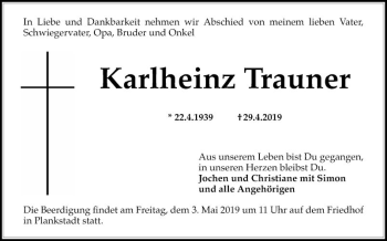 Traueranzeige von Karlheinz Trauner von Schwetzinger Zeitung