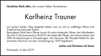 Traueranzeige von Karlheinz Trauner von Schwetzinger Zeitung
