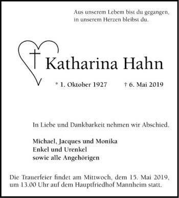 Traueranzeige von Katharina Hahn von Mannheimer Morgen
