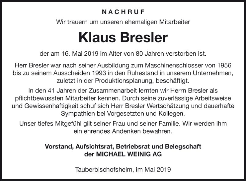  Traueranzeige für Klaus Bresler vom 23.05.2019 aus Fränkische Nachrichten