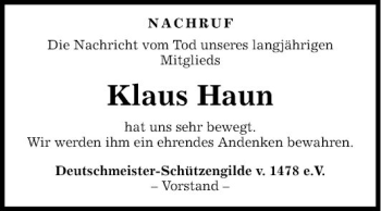 Traueranzeige von Klaus Haun von Fränkische Nachrichten