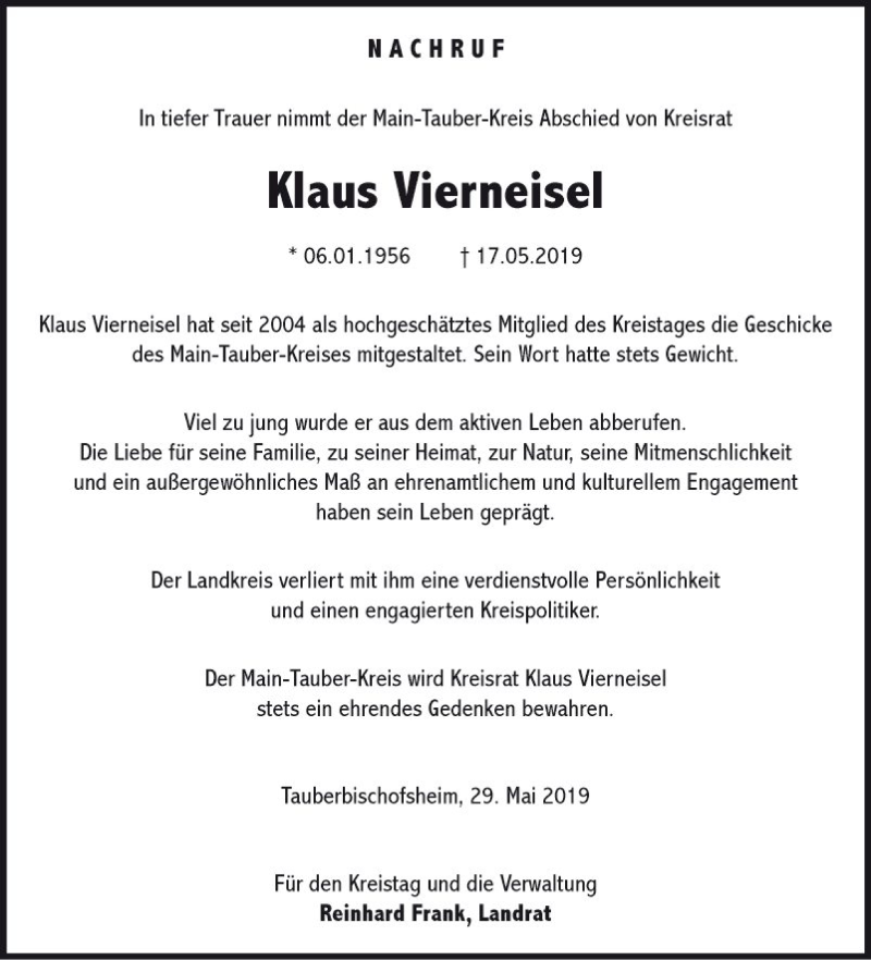  Traueranzeige für Klaus Vierneisel vom 01.06.2019 aus Fränkische Nachrichten