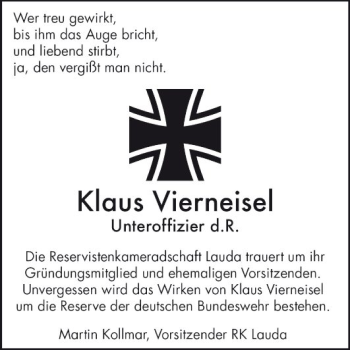 Traueranzeige von Klaus Vierneisel von Fränkische Nachrichten