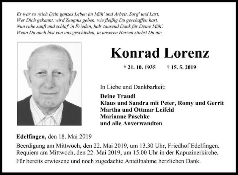  Traueranzeige für Konrad Lorenz vom 18.05.2019 aus Fränkische Nachrichten