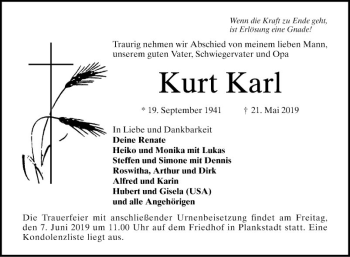 Traueranzeige von Kurt Karl von Schwetzinger Zeitung