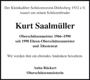 Traueranzeige von Kurt Saalmüller von Fränkische Nachrichten