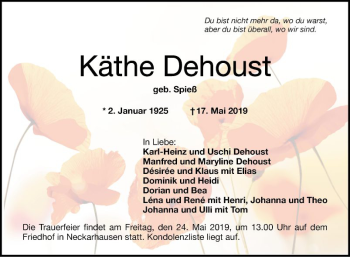 Traueranzeige von Käthe Dehoust von Mannheimer Morgen