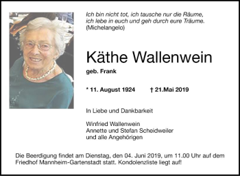 Traueranzeige von Käthe Wallenwein von Mannheimer Morgen