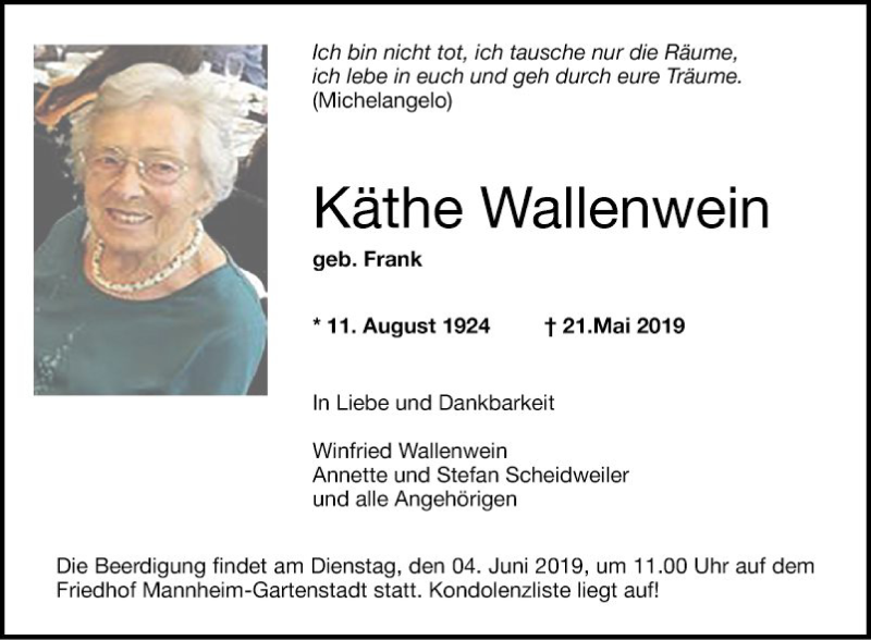  Traueranzeige für Käthe Wallenwein vom 01.06.2019 aus Mannheimer Morgen