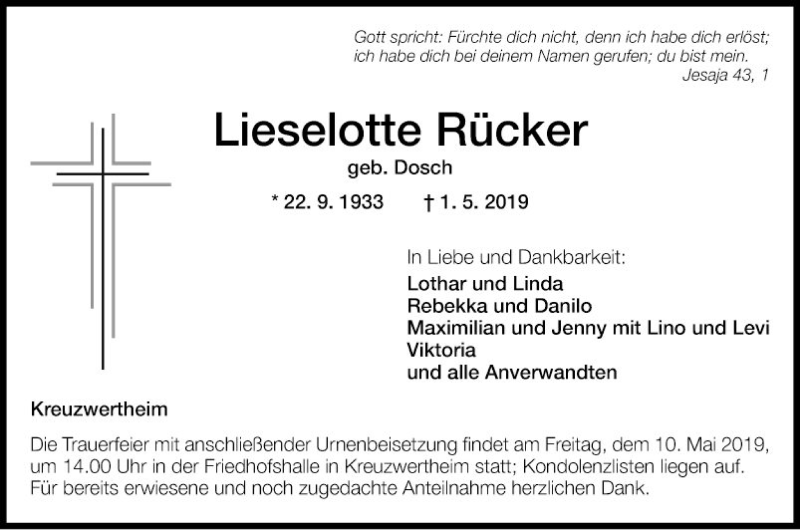  Traueranzeige für Lieselotte Rücker vom 07.05.2019 aus Fränkische Nachrichten