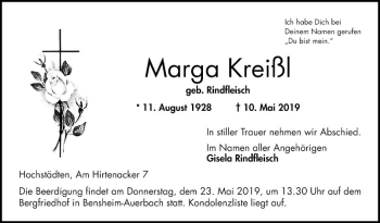 Traueranzeige von Marga Kreißl von Bergsträßer Anzeiger