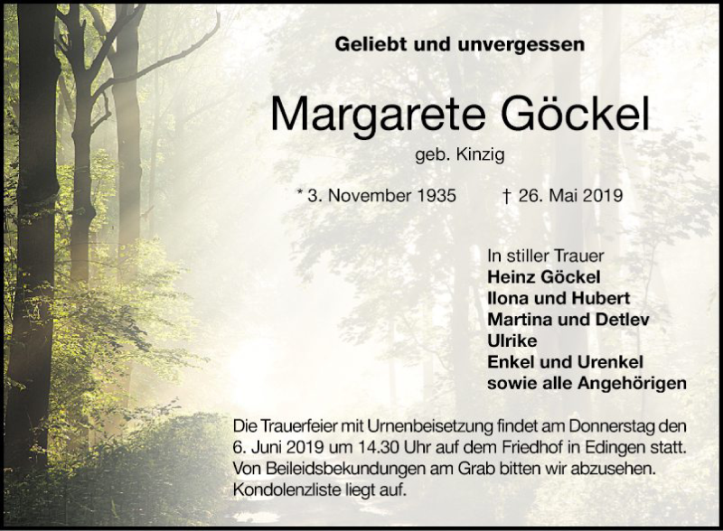  Traueranzeige für Margarete Göckel vom 01.06.2019 aus Mannheimer Morgen