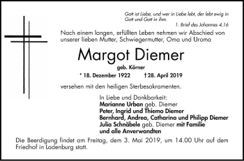 Traueranzeige von Margot Diemer von Mannheimer Morgen