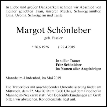 Traueranzeige von Margot Schönleber von Mannheimer Morgen