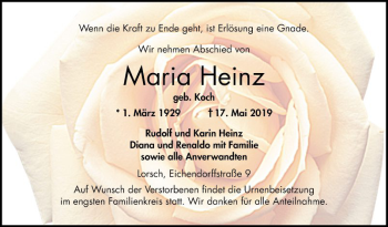 Traueranzeige von Maria Heinz von Bergsträßer Anzeiger