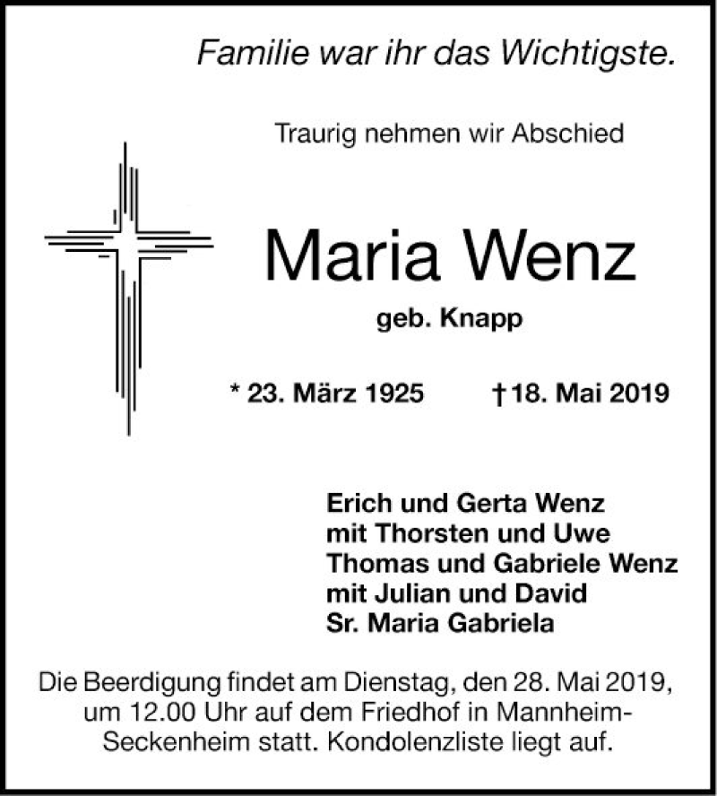  Traueranzeige für Maria Wenz vom 22.05.2019 aus Mannheimer Morgen