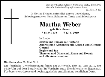 Traueranzeige von Martha Weber von Fränkische Nachrichten