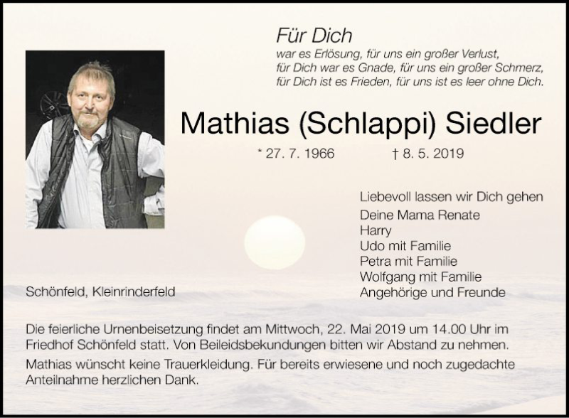  Traueranzeige für Mathias  Siedler vom 18.05.2019 aus Fränkische Nachrichten