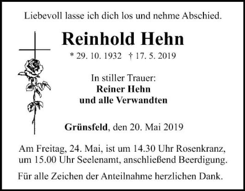  Traueranzeige für Reinhold Hehn vom 20.05.2019 aus Fränkische Nachrichten
