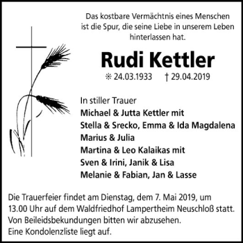 Traueranzeige von Rudi Kettler von Südhessen Morgen