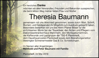 Traueranzeige von Theresia Baumann von Schwetzinger Zeitung