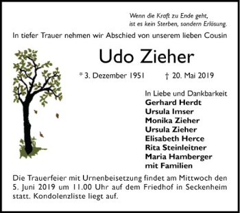 Traueranzeige von Udo Zieher von Mannheimer Morgen
