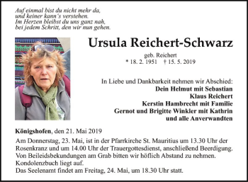 Traueranzeige von Ursula Reichert-Schwarz von Fränkische Nachrichten