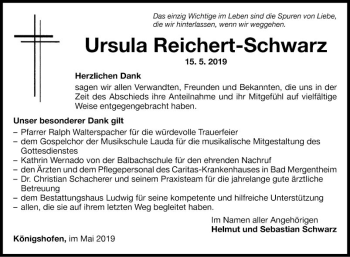 Traueranzeige von Ursula Reichert-Schwarz von Fränkische Nachrichten