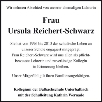Traueranzeige von Ursula Reichert-Schwarz von Fränkische Nachrichten