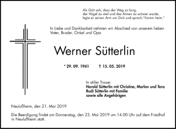 Traueranzeige von Werner Sütterlin von Schwetzinger Zeitung