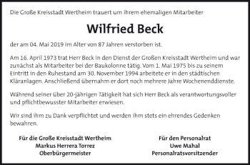 Traueranzeige von Wilfried Beck von Fränkische Nachrichten