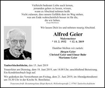 Traueranzeige von Alfred Geier von Fränkische Nachrichten