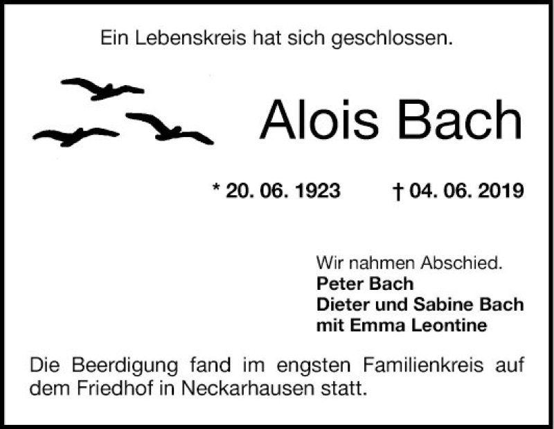  Traueranzeige für Alois Bach vom 15.06.2019 aus Mannheimer Morgen