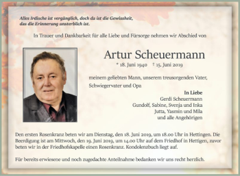 Traueranzeige von Artur Scheuermann von Fränkische Nachrichten