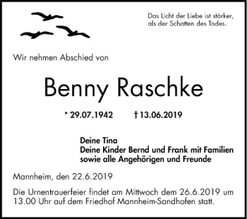 Traueranzeige von Benny Raschke von Mannheimer Morgen