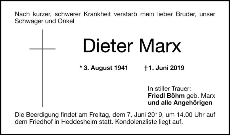  Traueranzeige für Dieter Marx vom 04.06.2019 aus Mannheimer Morgen