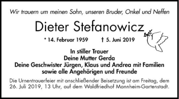 Traueranzeige von Dieter Stefanowicz von Mannheimer Morgen