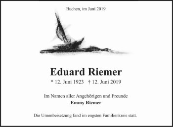 Traueranzeige von Eduard Riemer von Fränkische Nachrichten