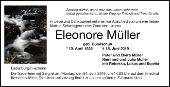 Traueranzeige von Eleonore Müller von Mannheimer Morgen