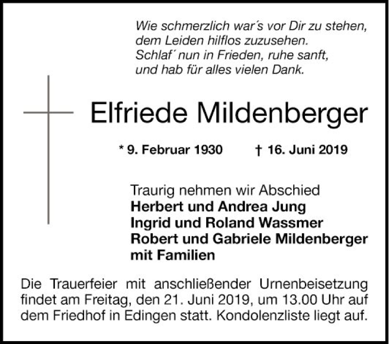  Traueranzeige für Elfriede Mildenberger vom 21.06.2019 aus Mannheimer Morgen
